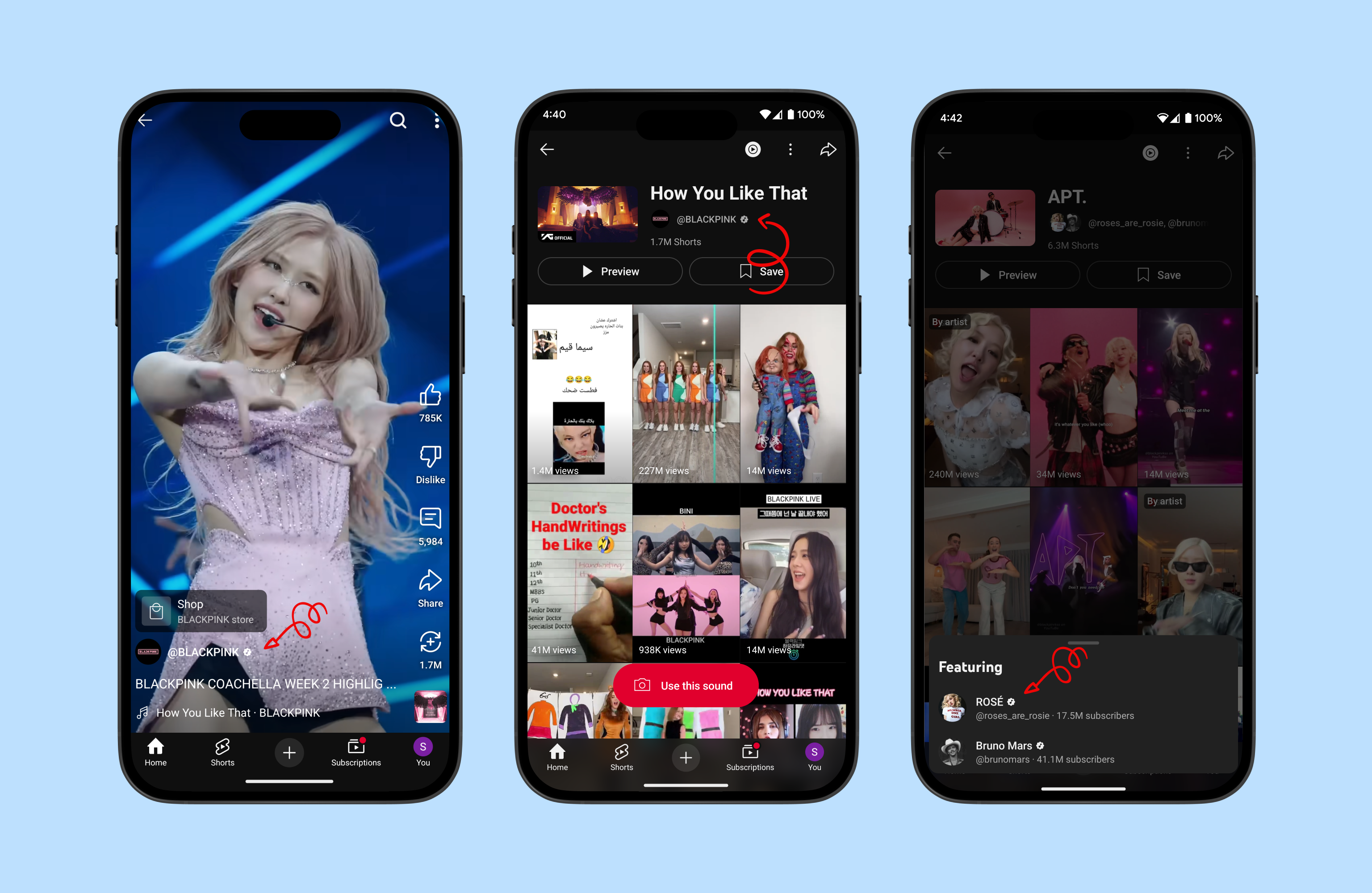 Mocks of the Shorts player and music pivot page showing the verified badge