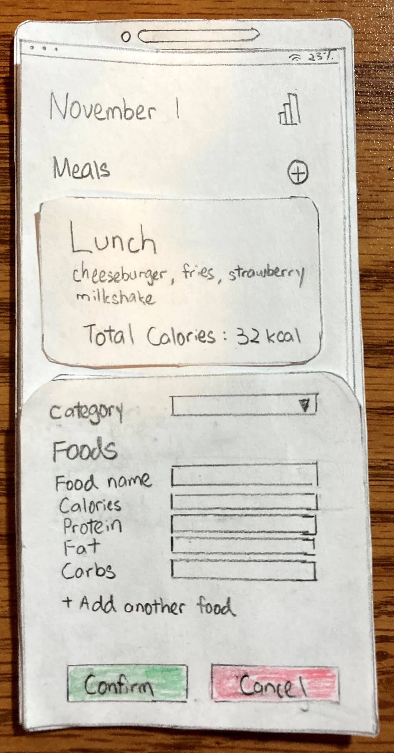 Paper prototype sketch of add food pop-up