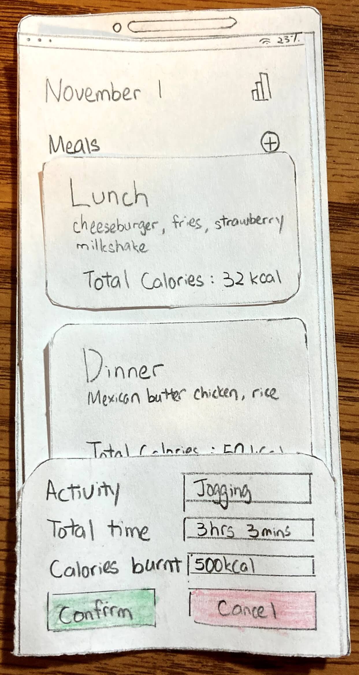 Paper prototype sketch of add exercise pop-up