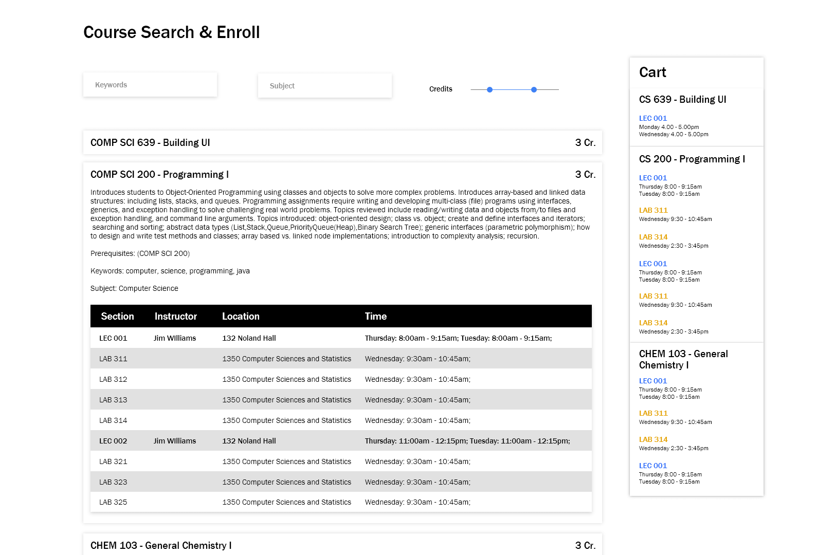 High-fidelity mockup of the redesigned course search interface using Adobe XD