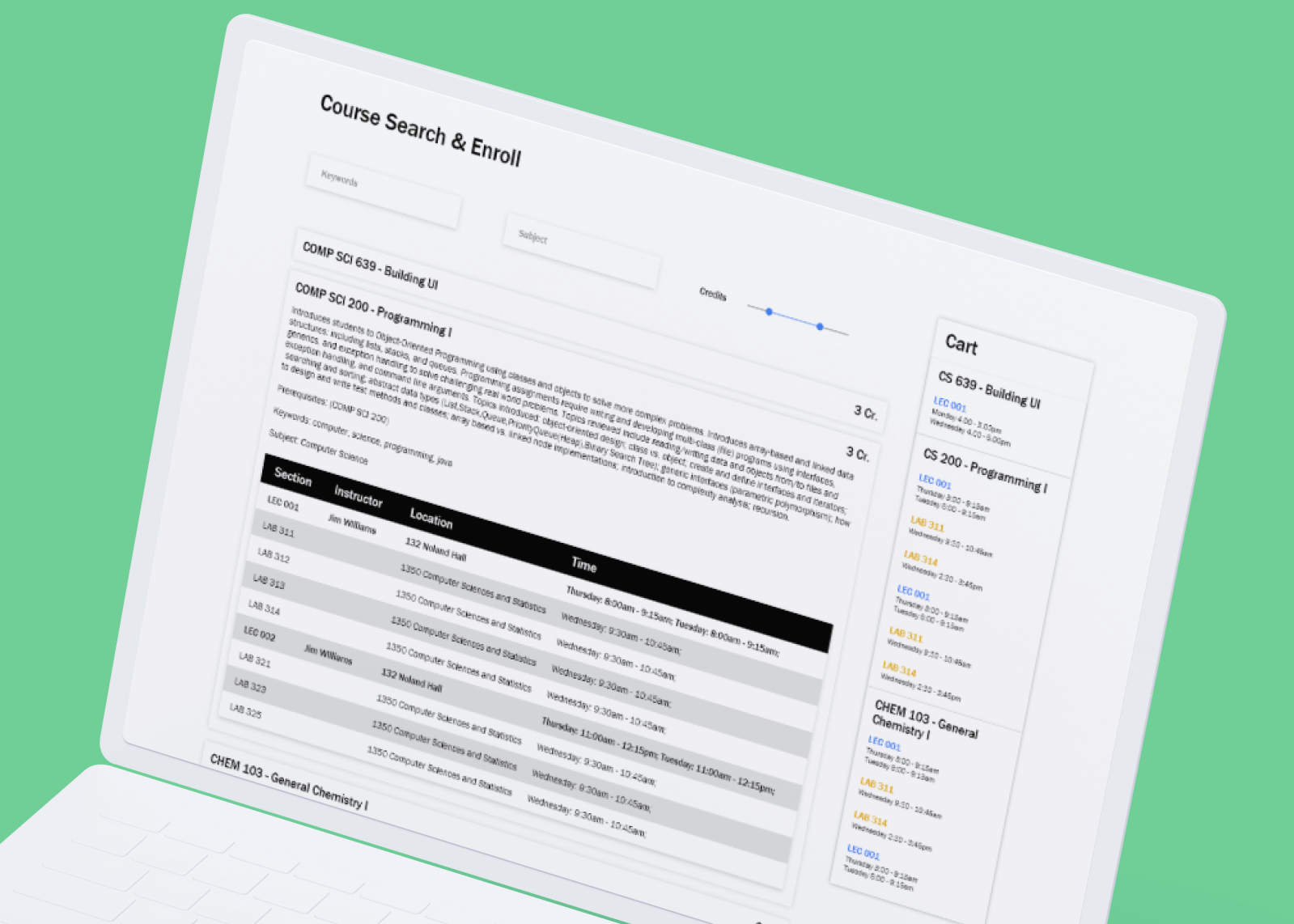 Mockup of course search application interface on laptop and phone screens