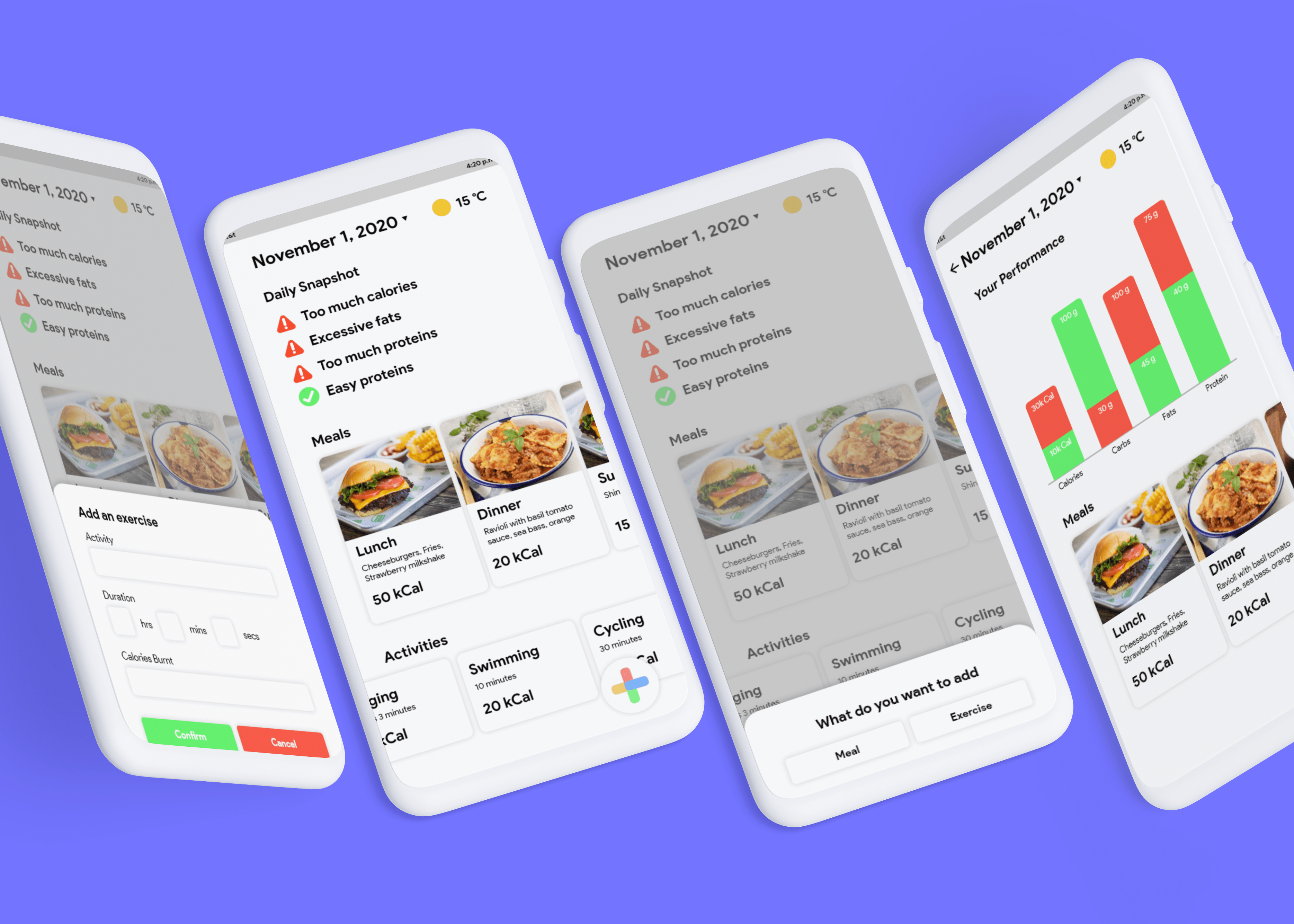 Fitness tracker app mockup showing dashboard on phone screens